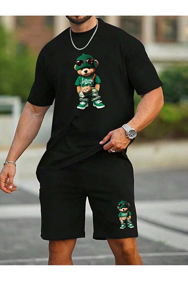 Erkek T-Shirt Şort - Şortlu Tişört Alt Üst Takım King Baskılı Bisiklet Yaka